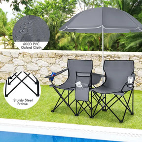 Conjunto Duo Luxo Outdoor – Cadeiras Dobráveis com Guarda‑Sol e Cooler Integrado
